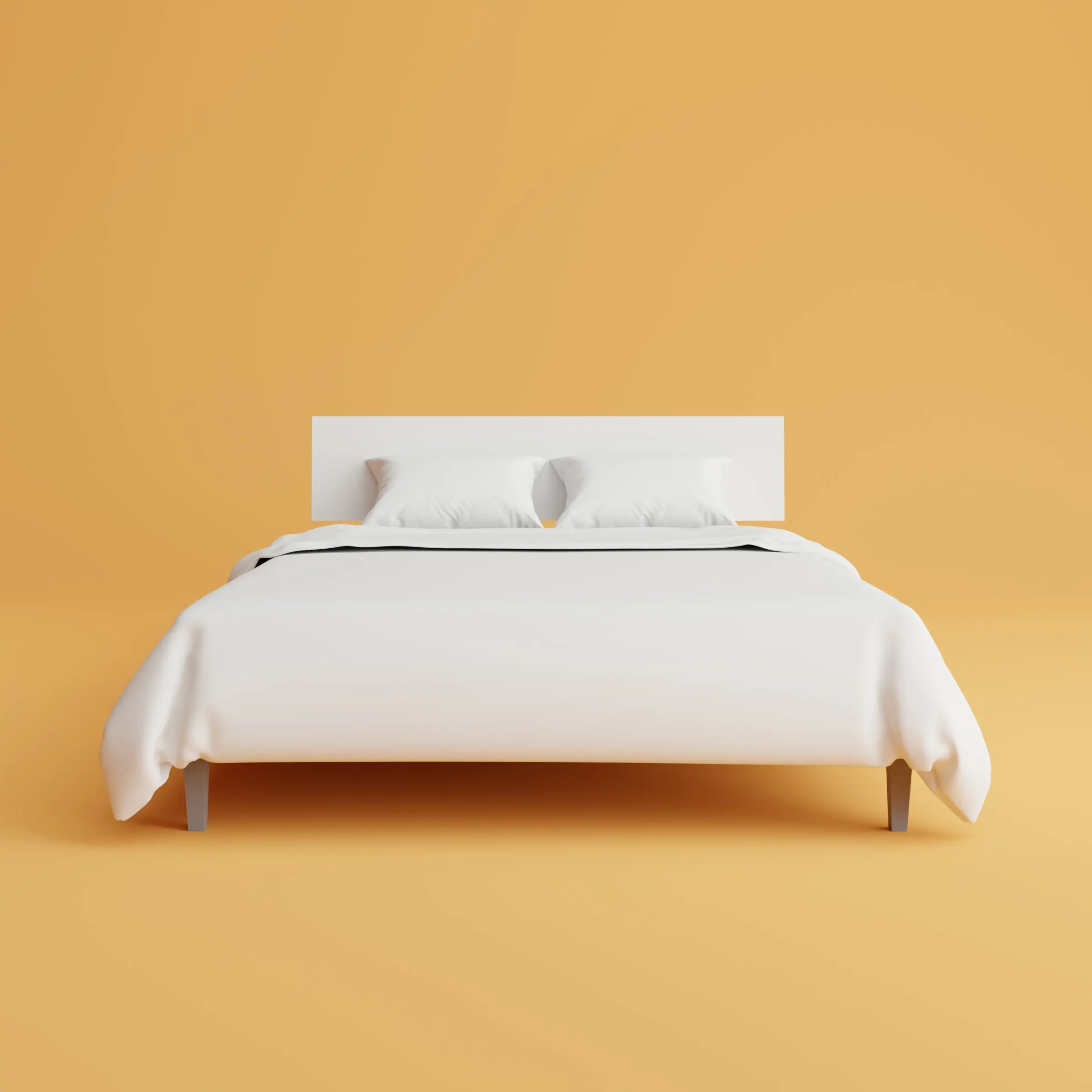 Minimalist white bed with white bedding and pillows centered against pure orange background