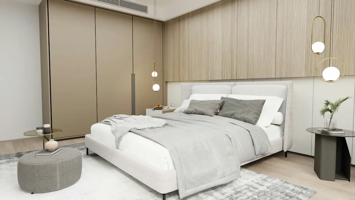 Modern minimalist bedroom with gray upholstered bed, beige and wood-grain floor-to-ceiling wardrobe, and hanging spherical pendant light
